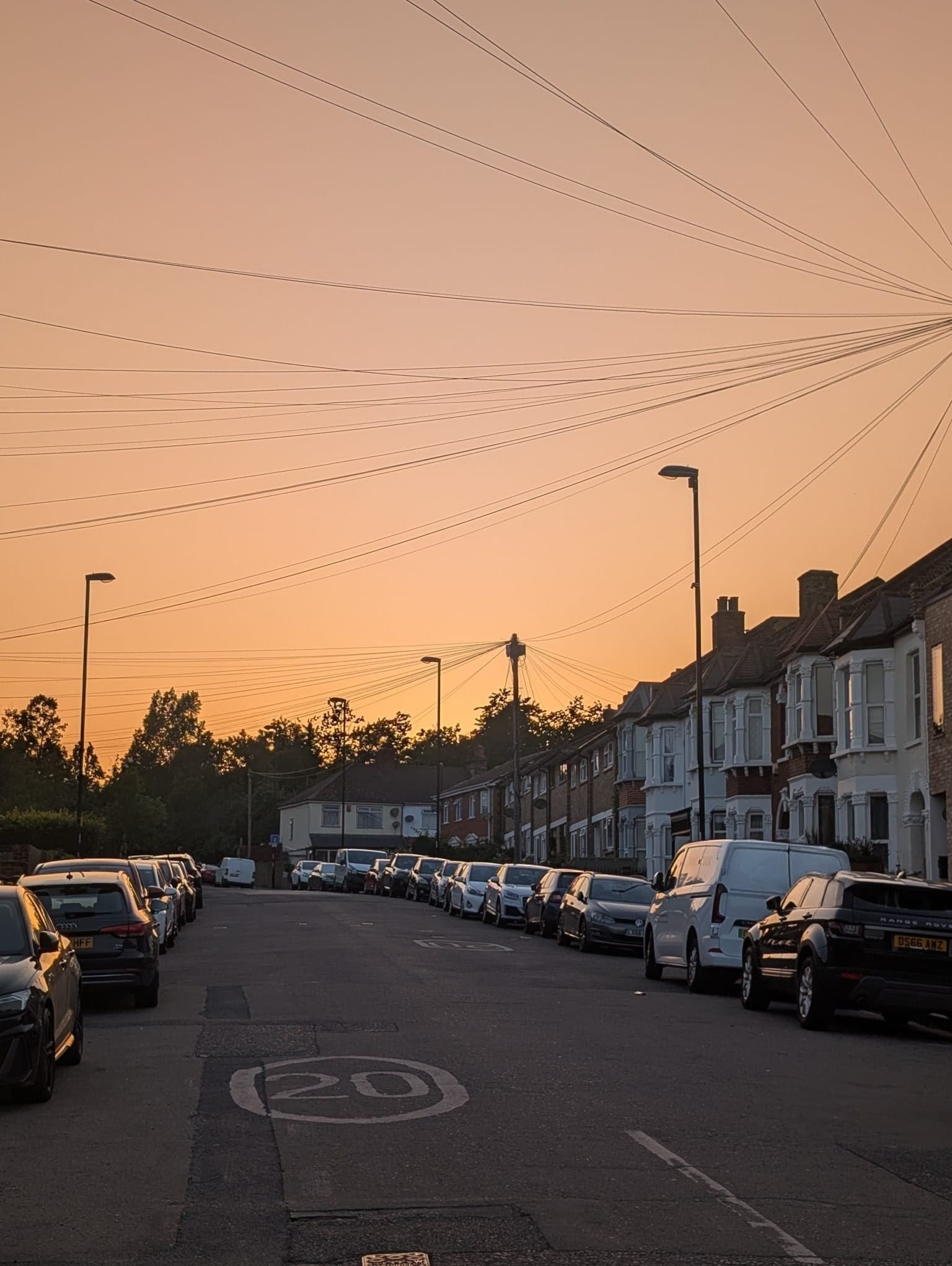 Suburban residential street at dusk